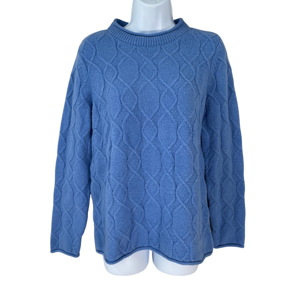 Talbots Sweater Womens M Blue Wool Blend Cable Knit Crew Neck Classic Preppy